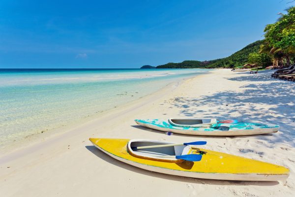 The picturesque beauty of Bai Sao Beach in Phu Quoc and the experiential activity of kayaking.