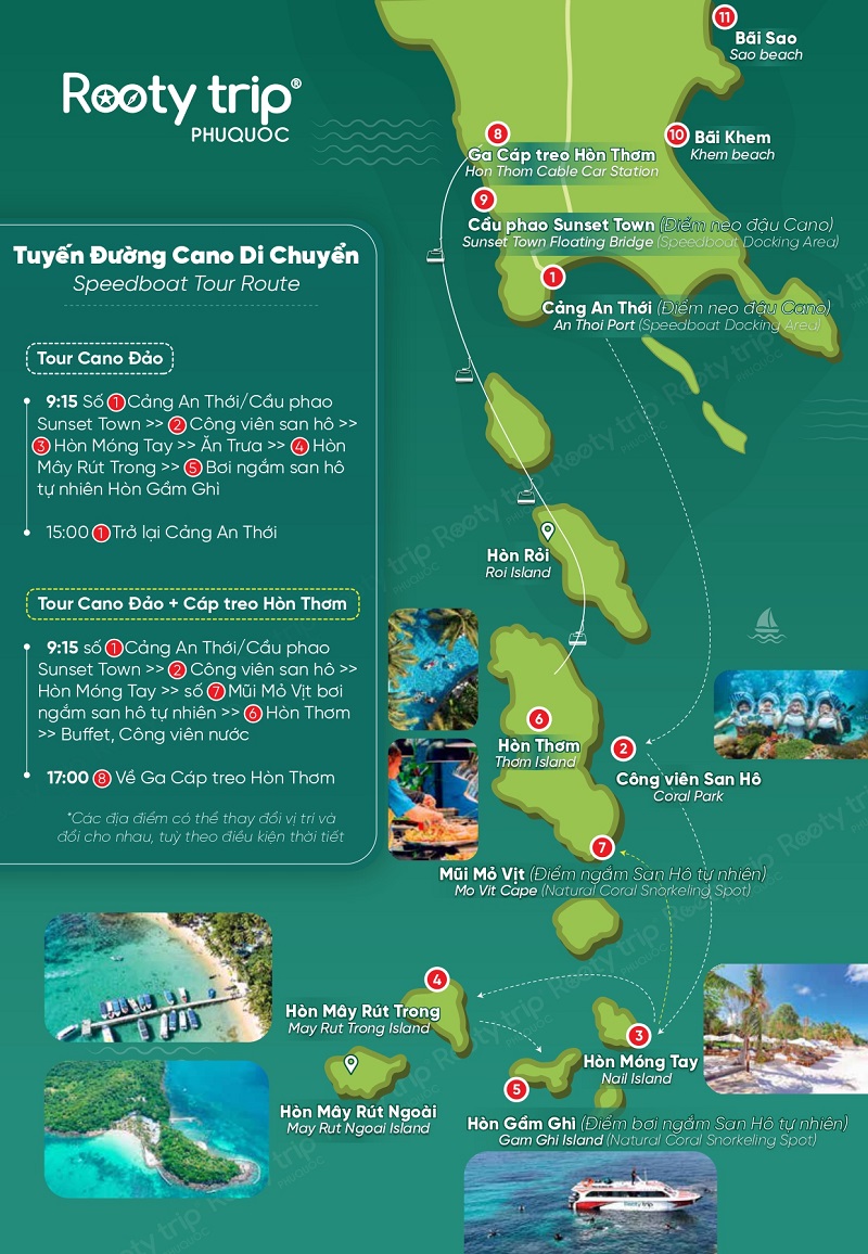 Tuyến đường cano di chuyển tour 3 đảo