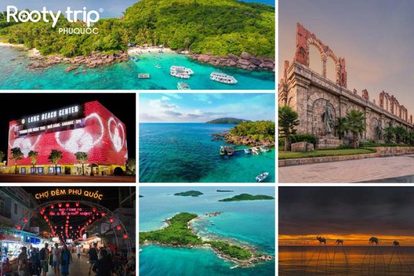The image displays the itinerary of destinations in the 4-day, 3-night Phu Quoc Tour package departing from Ho Chi Minh City offered by Rootytrip Phu Quoc