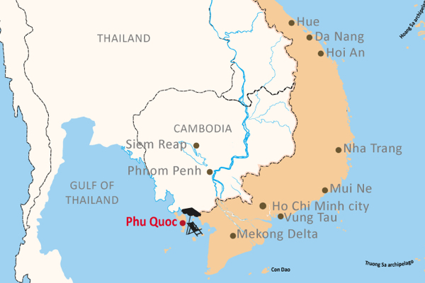 Phú Quốc ở trong Vịnh Thái Lan và sát biên giới Cambodia